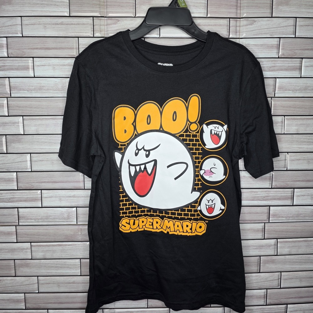 New Super Mario Boo Short Sleeve Shirt Pull On Tee Size XL 14/16 Black Halloween